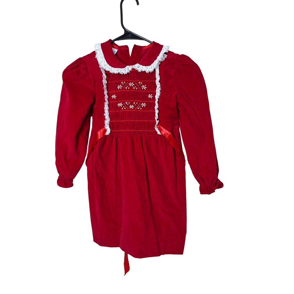 Vintage Polly Flinders Red‎ Velvet Smocked Christmas Holiday Dress Girls Size 6
